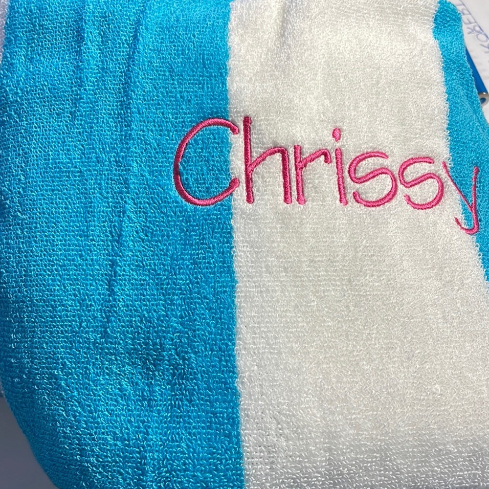 Custom embroidered beach towel, “Chrissy”
